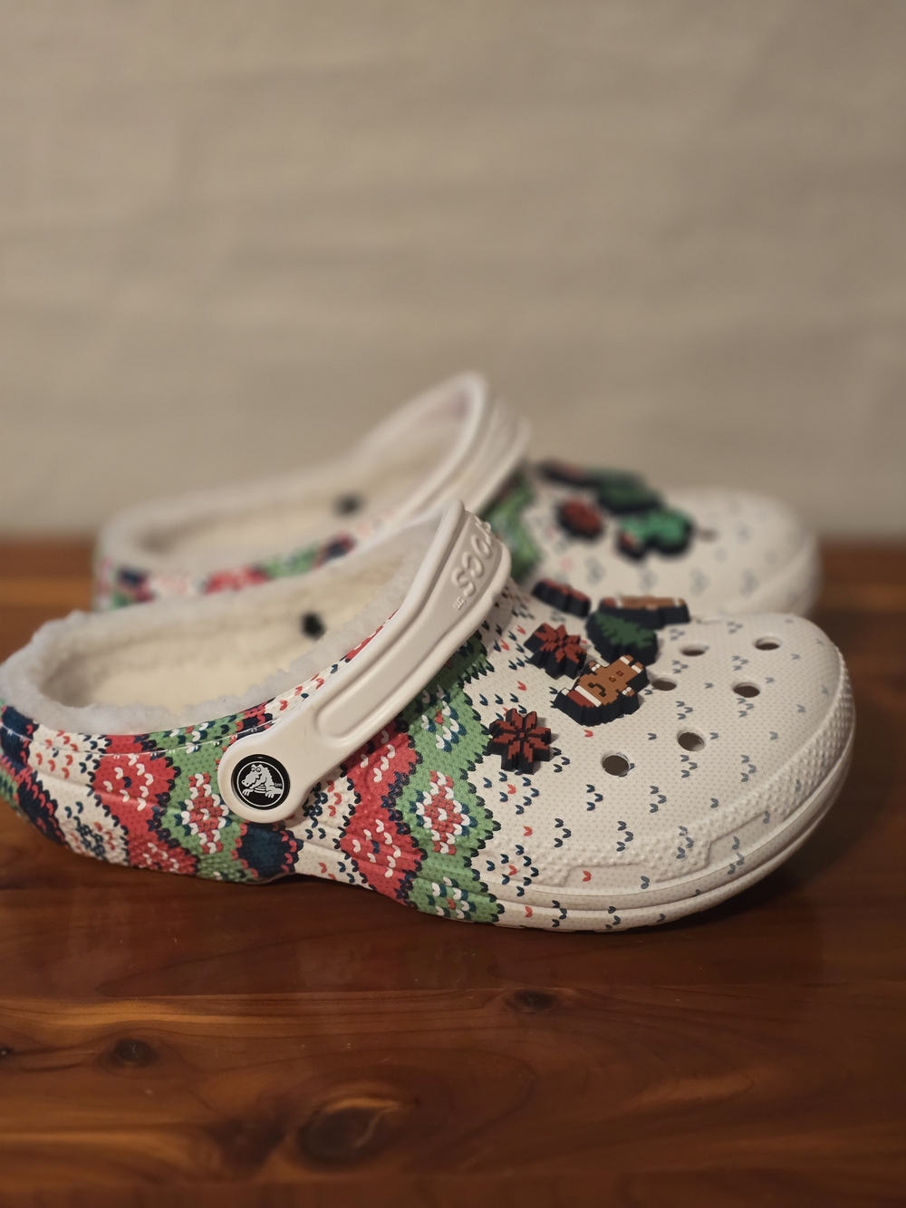 CROCS White Clog with Red, Green & Blue Holiday Knit Print